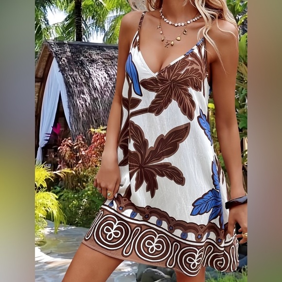 Bohemian Tropical Print Loose Fit V-Neck A-Line Spaghetti Straps Cami Dress - Picture 4 of 9
